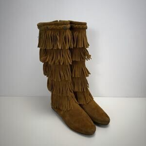 Minnetonka Women 5-Layer Fringe Tall Boots Brown Soft Suede Moc Zip Flat Size 8